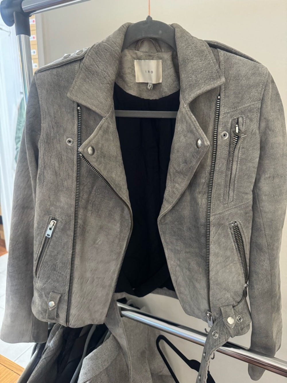 IRO Suede Motorcycle Jacket 100% Gray Lamb Leather Size 36